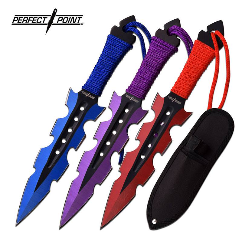 Perfect Point 3 Piece Throwing Knife Set 2 Tone Blue Purple Red