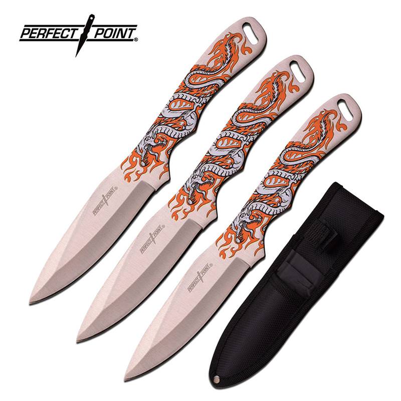 Perfect Point 3 Piece Throwing Knife Set with Dragon Design 8 Inch Overall