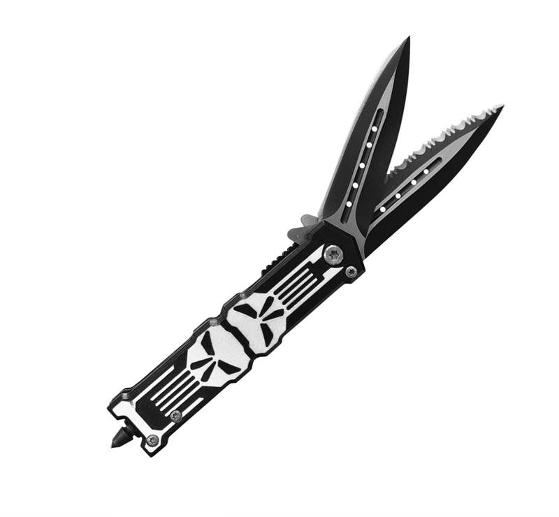 Twin Bladed Punisher Spring Assisted Knife With Glass Breaker