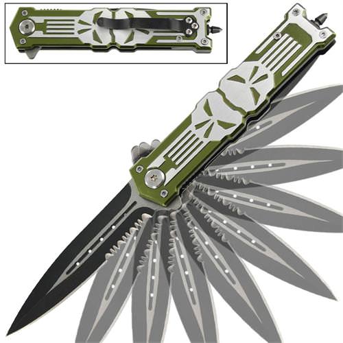 Punisher Green Stiletto Style Spring Assist Knife - Glass Breaker