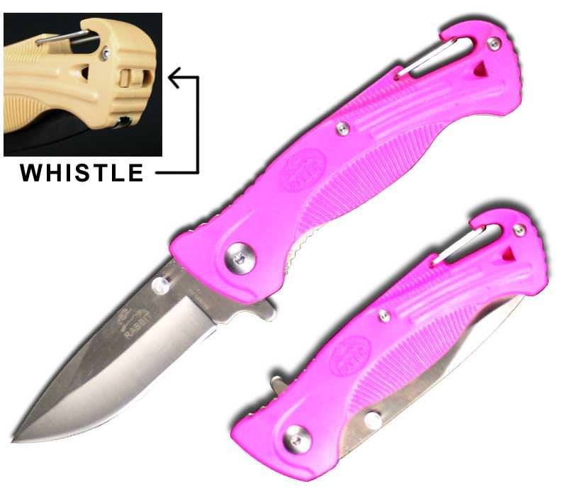 Pink Rescue Spring Assist Folding Knife With Whistle and Belt Hook