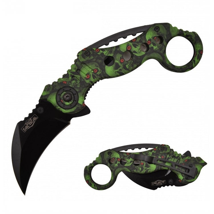 Spring Assist - 'Legal Automatic' Knife - Green Skull Camo Karambit Tactical