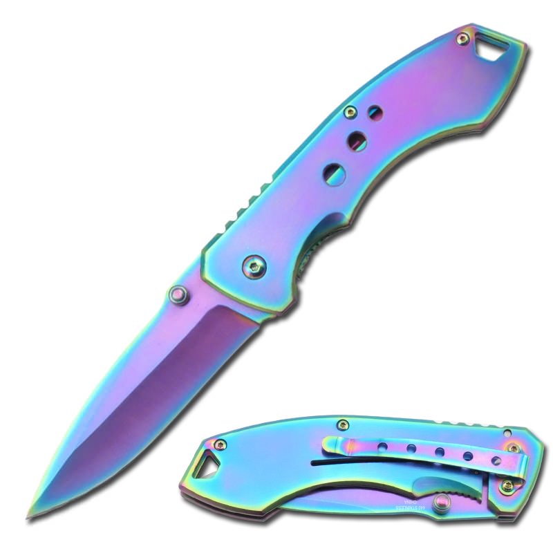 Rainbow Titanium Spring Assisted Open Tactical Folding Pocket Knife