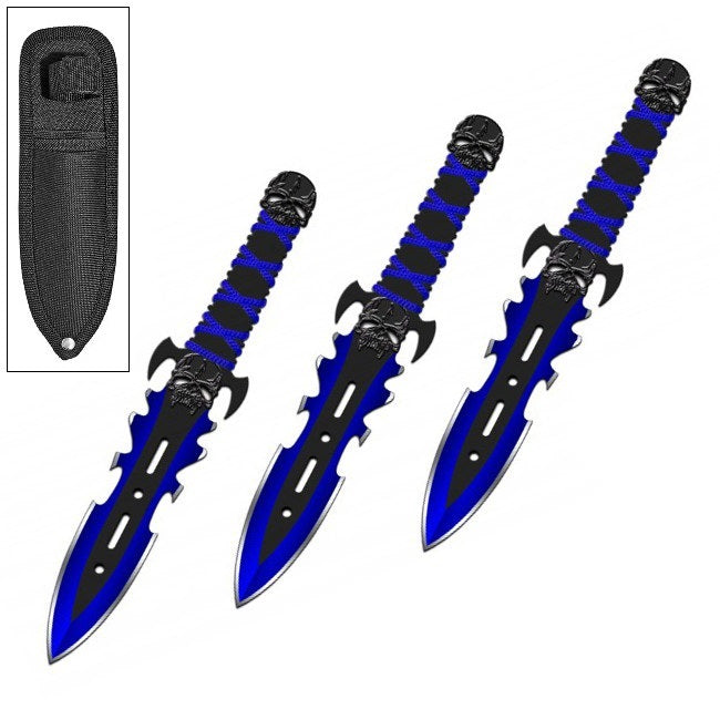 3PC 7.5" Blue Demon Ninja Tactical Combat Throwing Knife Set With Sheath