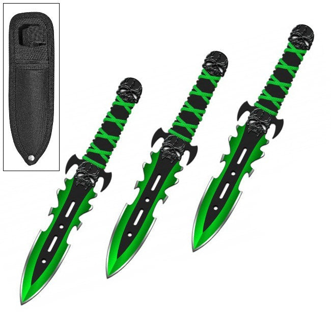 3PC 7.5" Green Demon Ninja Tactical Combat Throwing Knife Set With Sheath
