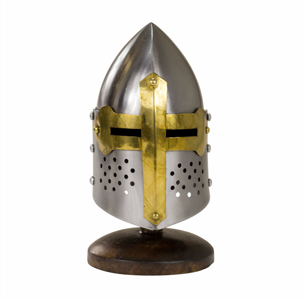 Miniature 14th Century Gilded Sugar Loaf Visored Display Helmet With Stand