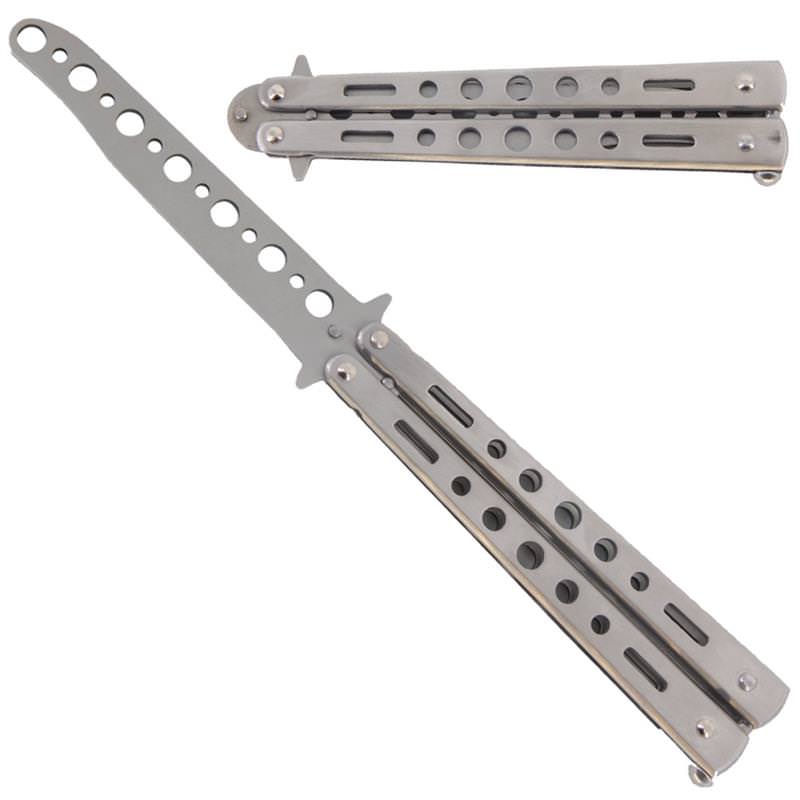 8.7" Silver Metal Practice Butterfly Balisong Trainer Training Knife Dull Tool