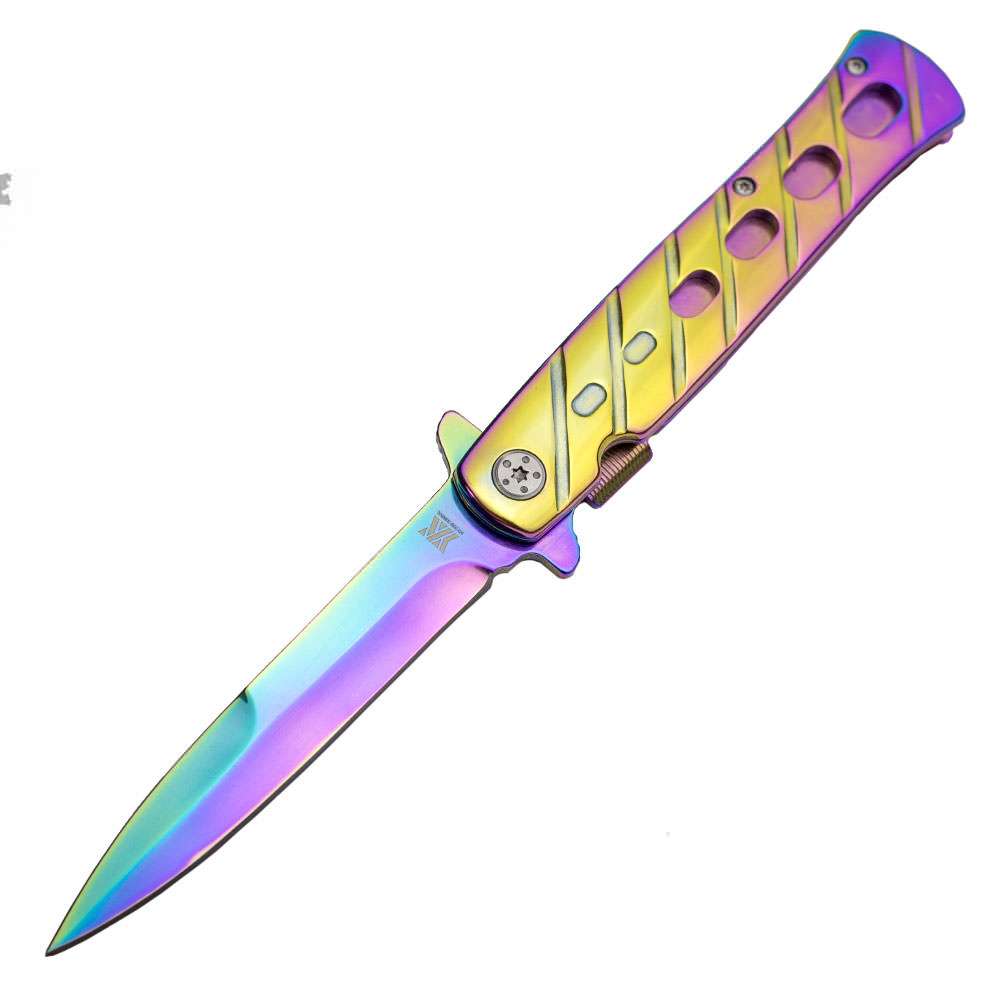 DZS Spring Assisted STILETTO God Father Style Pocket Knife with Clip Rainbow