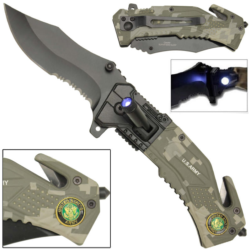 Spring Assist LED Tactical Rescue Assisted Pocket Knife US Army Camo