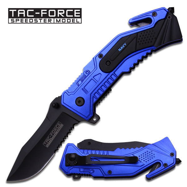Black Serrated Blue Navy Tactical Rescue EDC Spring Assist Knife