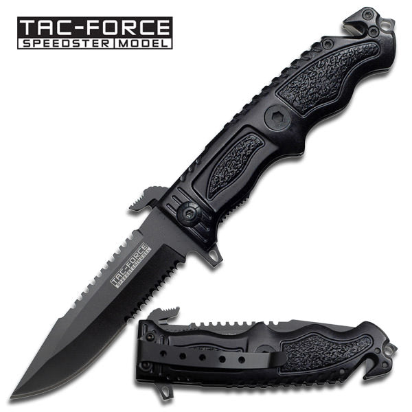 All Black Tactical Spring Assisted Knife Serrated Sawback Rescue Glassbreaker