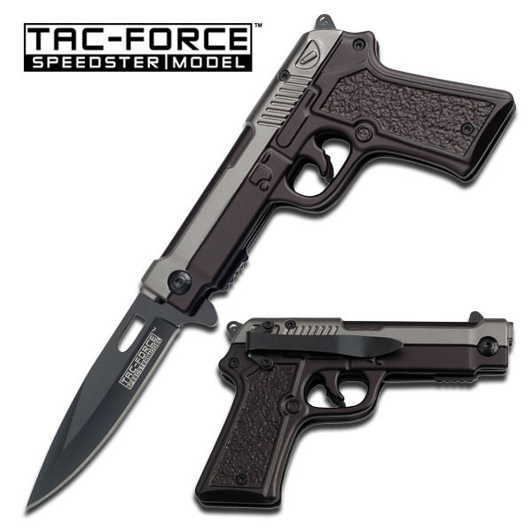 Fully Loaded Spring Assist Pistol Folding Knife - Grey and Black
