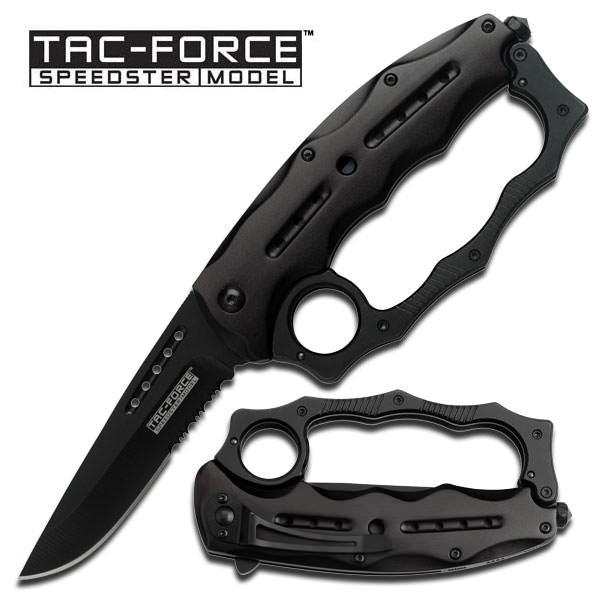 All Black Knuckle Handle Spring Assisted Knife With Glass Breaker