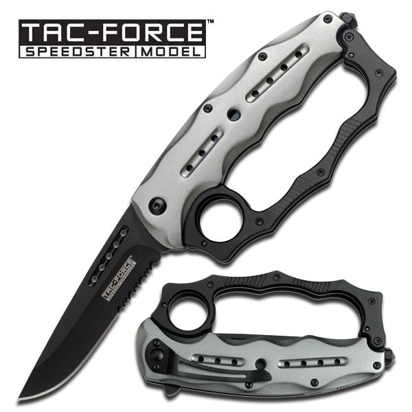 Grey Knuckle Handle Spring Assisted Knife With Glass Breaker