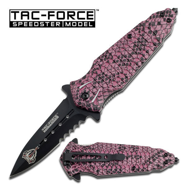 Spring Assist Knife Black Serrated Dagger Pink Cobra