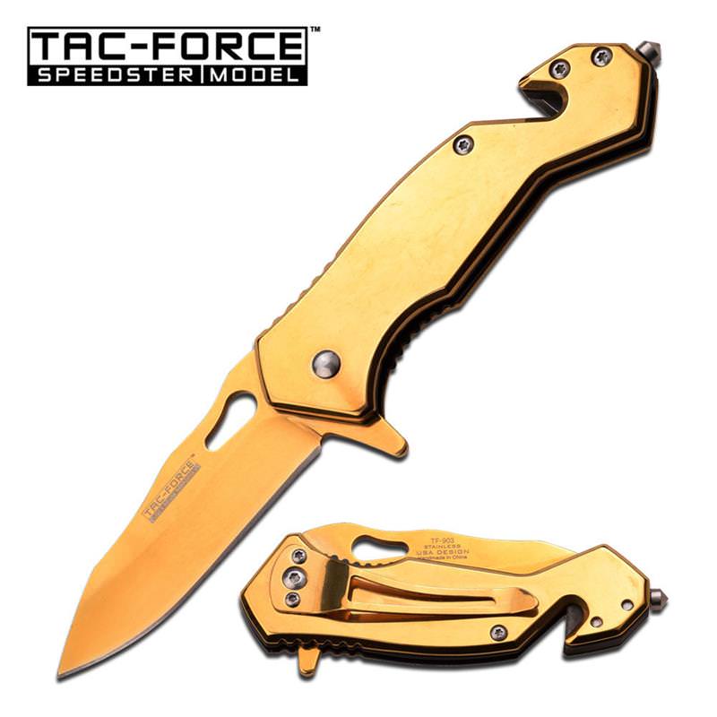 3.75 Inch Closed Full Gold Tactical Rescue Spring Assisted Knife