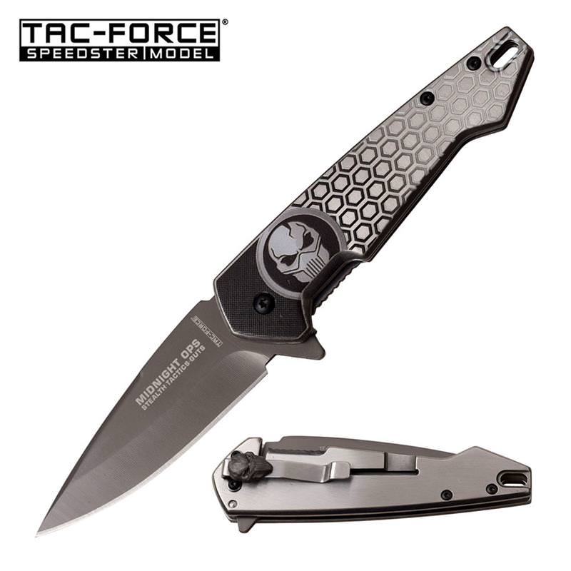Midnight Ops Gray Titanium Blade Skull EDC Spring Assisted knife