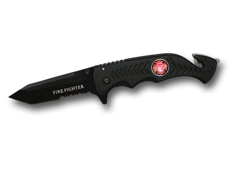8 Inch Assisted Open Rescue Series Knife All Black Fire Fighter