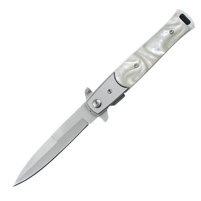 Stiletto Style Spring Assisted Pocket Knife With Pearl Handle