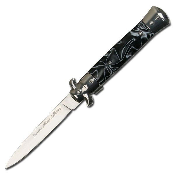 Black Marble Stiletto Blade Spring Assisted Folding Knife