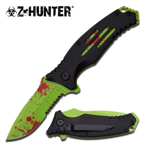 Z-Hunter Green Blade Red Blood Splatter Spring Assisted Pocket Knife