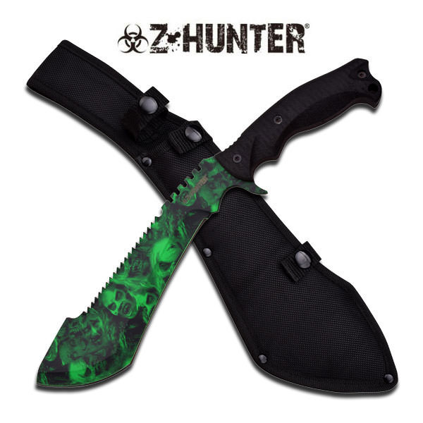 15" Fixed Blade Green Kukri Machete Knife With Skull Printed Blade