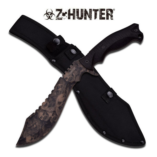 15" Fixed Blade Tan Kukri Machete Knife With Skull Printed Blade