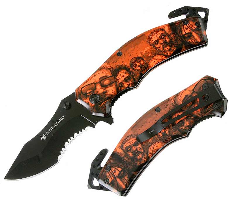Rescue Spring Assist - 'Legal Auto Knife' - Walking Undead with Biohazard Orange