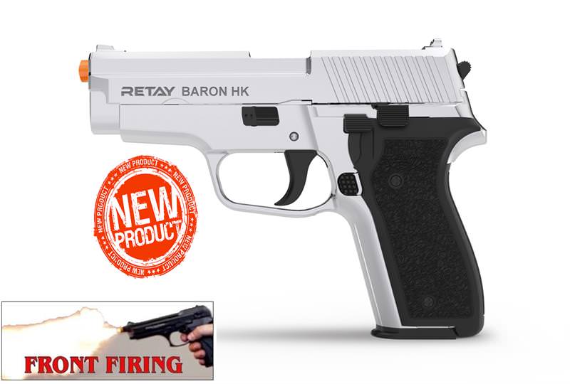 Retay 9MM Baron Chrome Finish Front Firing Model Blank Gun