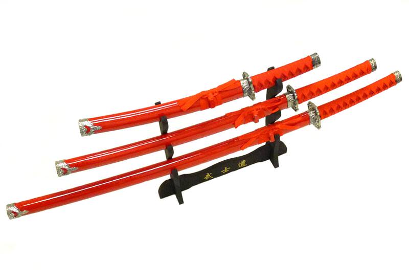3-pc. Samurai Sword Set With Display Stand Red