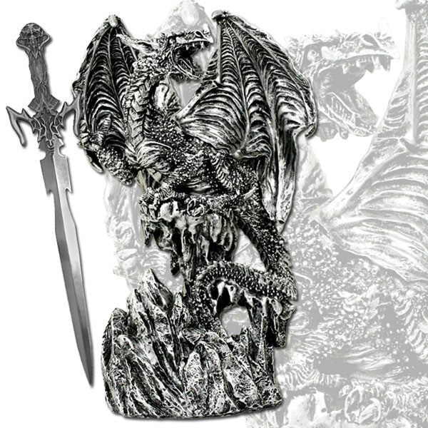 Silver Skull Dragon Standing on Mountain - 9" Polyresin Statue with Letter Open