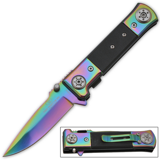 Spring Assisted Pocket Knife Rainbow With Black G10 Handle