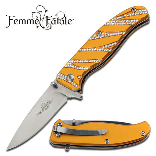 Femme Fatale Assisted Opening Knife - Rhinestone Inlay on Yellow Handle