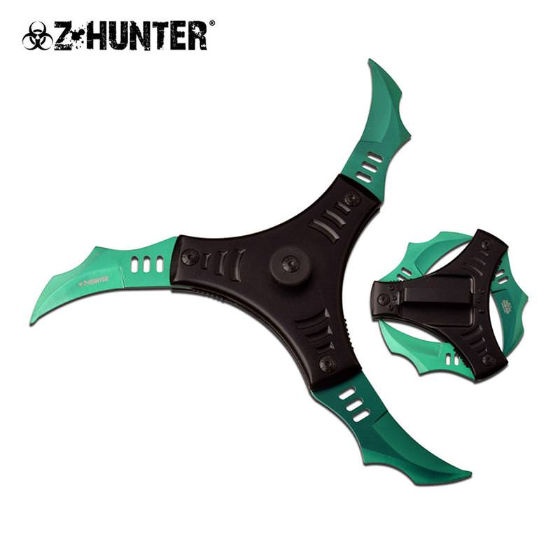 Futuristic Trio Blade Spring Assisted Cyclone Style Knife Green