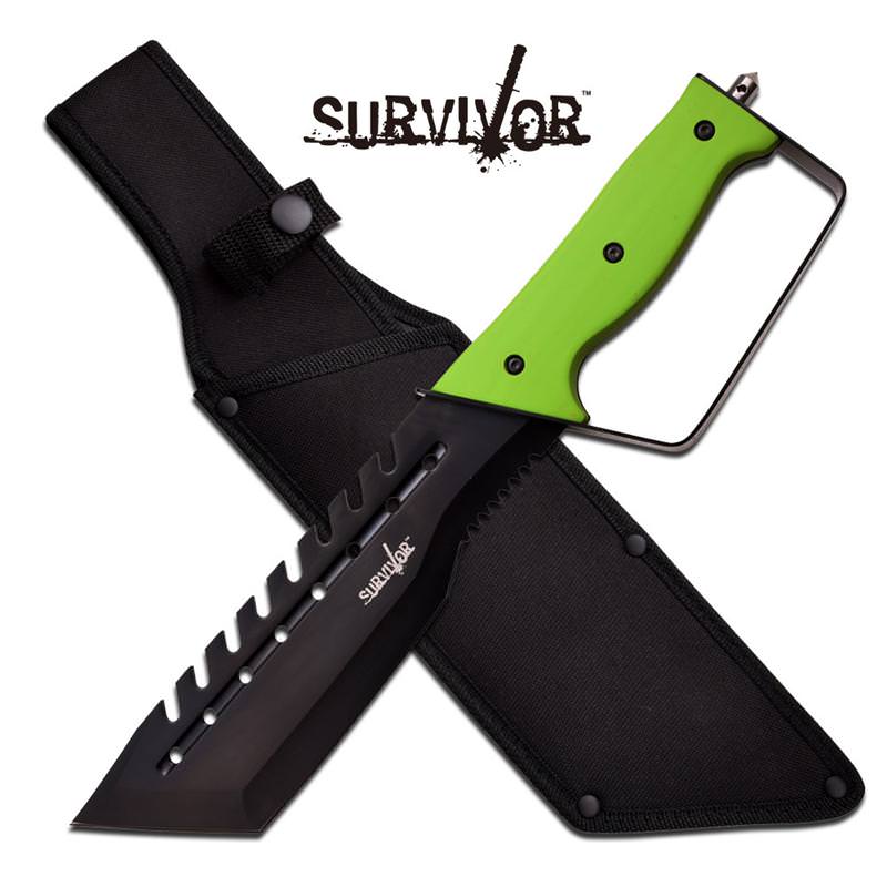 Survivor Fixed Blade Knife With Green Handle And Nylon Sheath