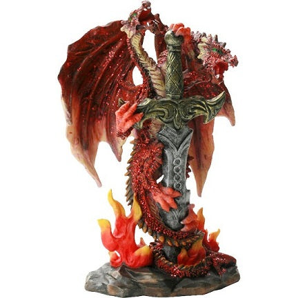 Two Headed Red Dragon Wrapped Around Sword Statue
