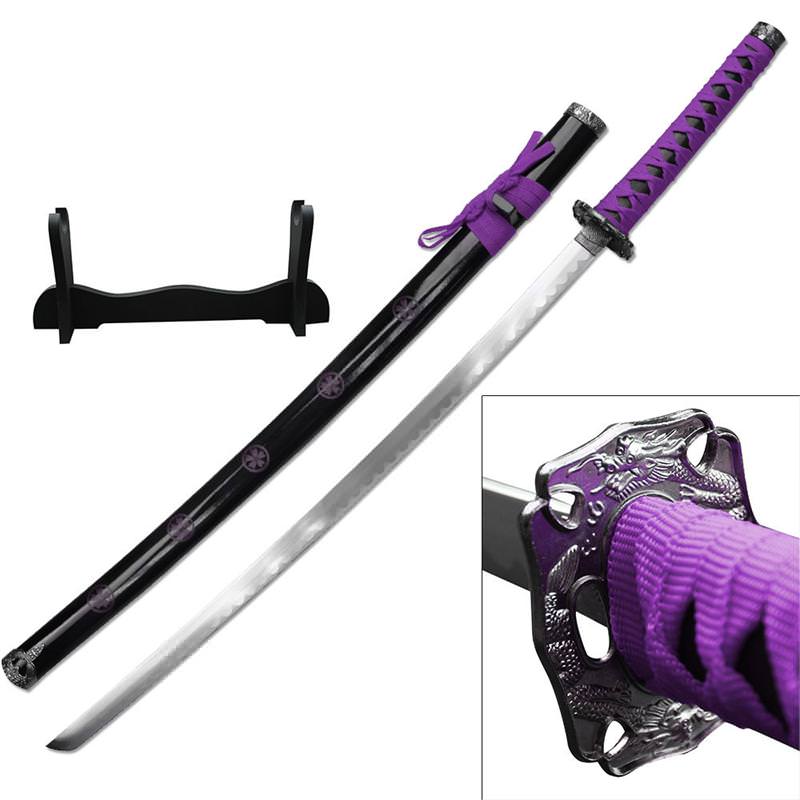 Dragon Sakura Samurai Sword With Stand Carbon Steel Blade Purple