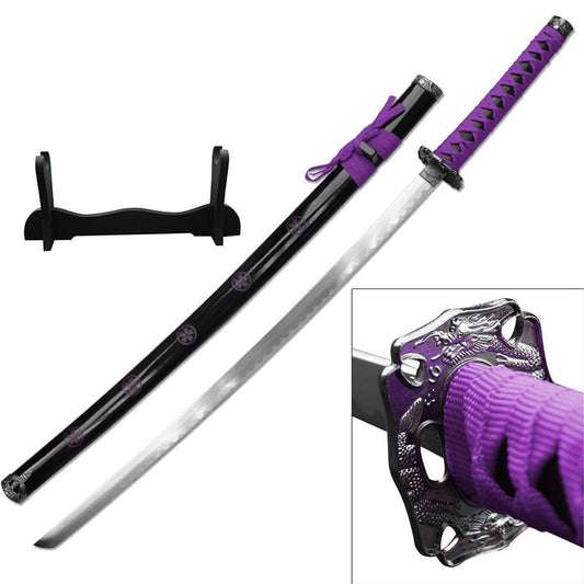Dragon Sakura Samurai Sword With Stand Carbon Steel Blade Purple
