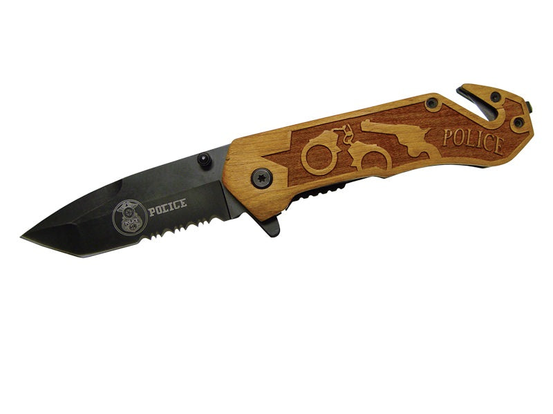 Assisted Opening Rescue Knife with Wood Handle - Police