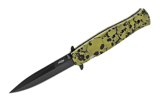 Green Skull Camo Stiletto Style Spring Assisted Opening Knife