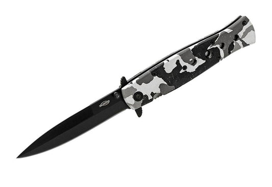 Snow Camo Stiletto Style Spring Assist Pocket Knife