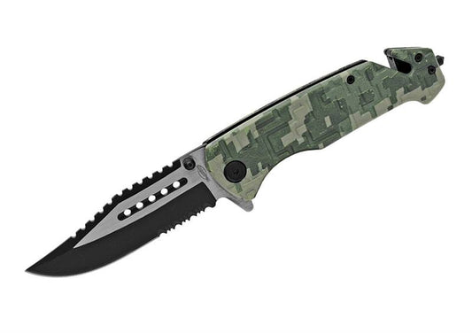 Digital Green Camo Tactical Rescue Style Assisted Knife