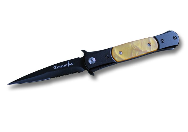 8 Inch Spring Assist Stiletto Yellow Pearl Handle Knife