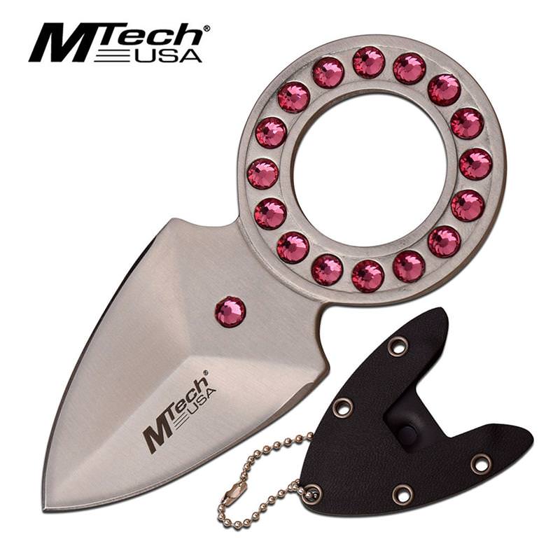 Mtech USA Round Necklace Handle Fixed Blade Neck Knife Pink crystals
