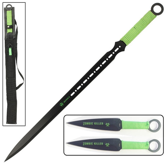 Zombie Killer Full Tang Ninja Sword With 2-Pc Kunai Throwing Knife Set