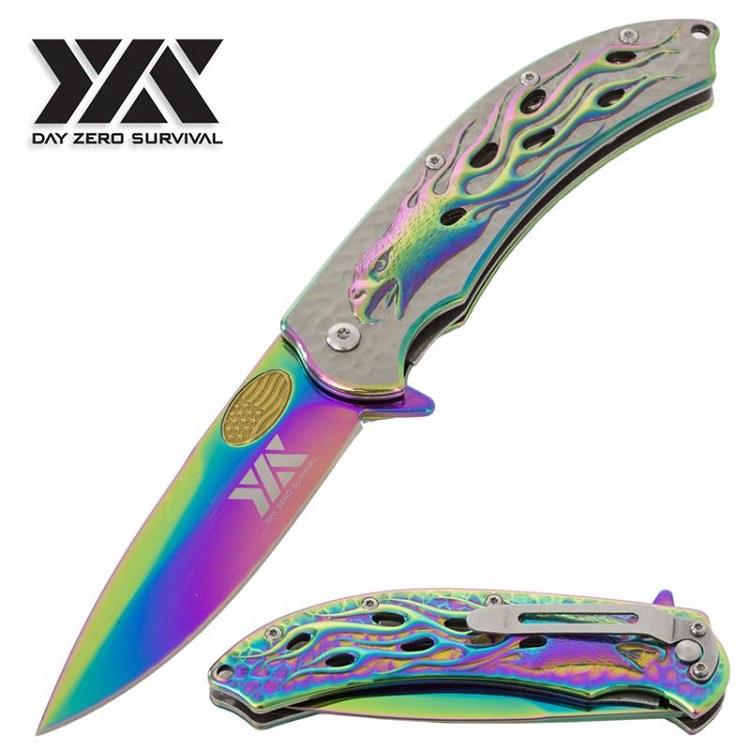 8.25" Rainbow Eagle Spring Assisted Open Folding Pocket Knife
