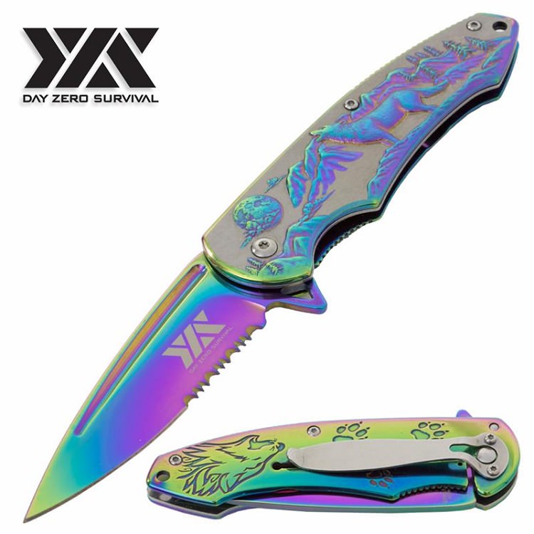 DZS Spring Assist Pocket Knife Howling Wolf Rainbow Blade Gift Collectible