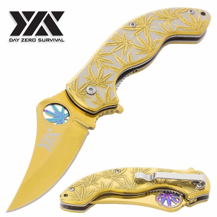 Marijuana Cannabis Leaf DZS Spring Assisted Open Pocket Knife