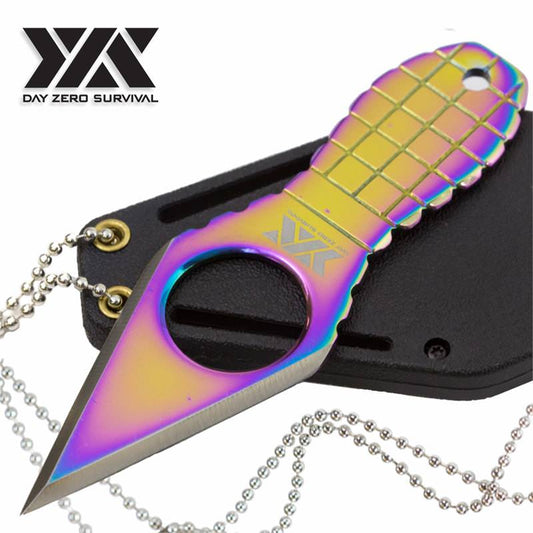 Day Zero Survival Fixed Blade Neck Knife Titanium Rainbow Grenade Handle