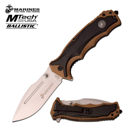 Mtech USA US Marines Licensed Tan Dark Brown Two Tone Spring Assisted Opening Knife